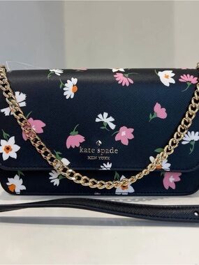 kate spade Black Floral Crossbody w/ Gold Chain Strap & Pink Accents- NWOT